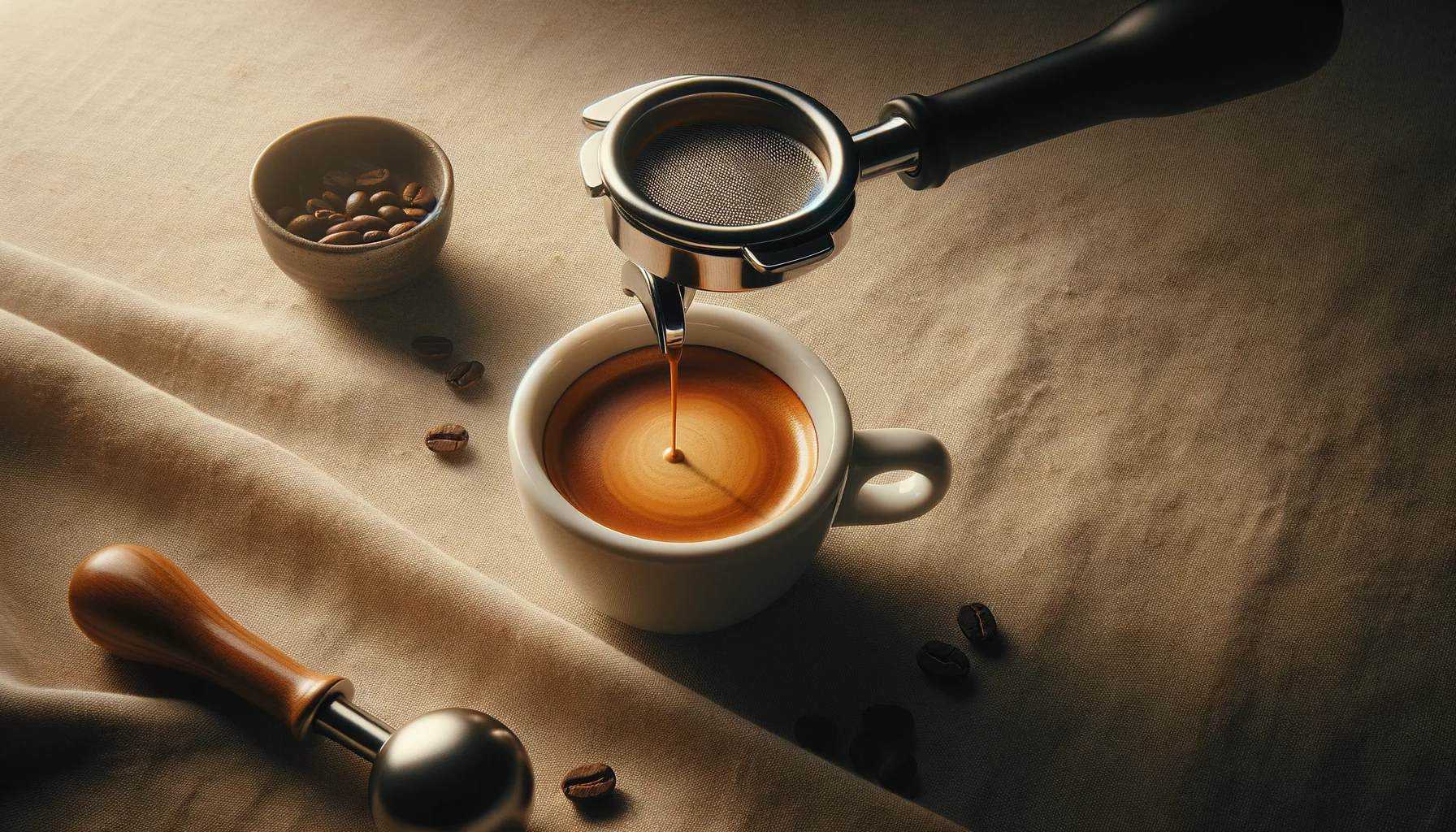 Bottomless portafilter pulling espresso into a ceramic cup with golden crema