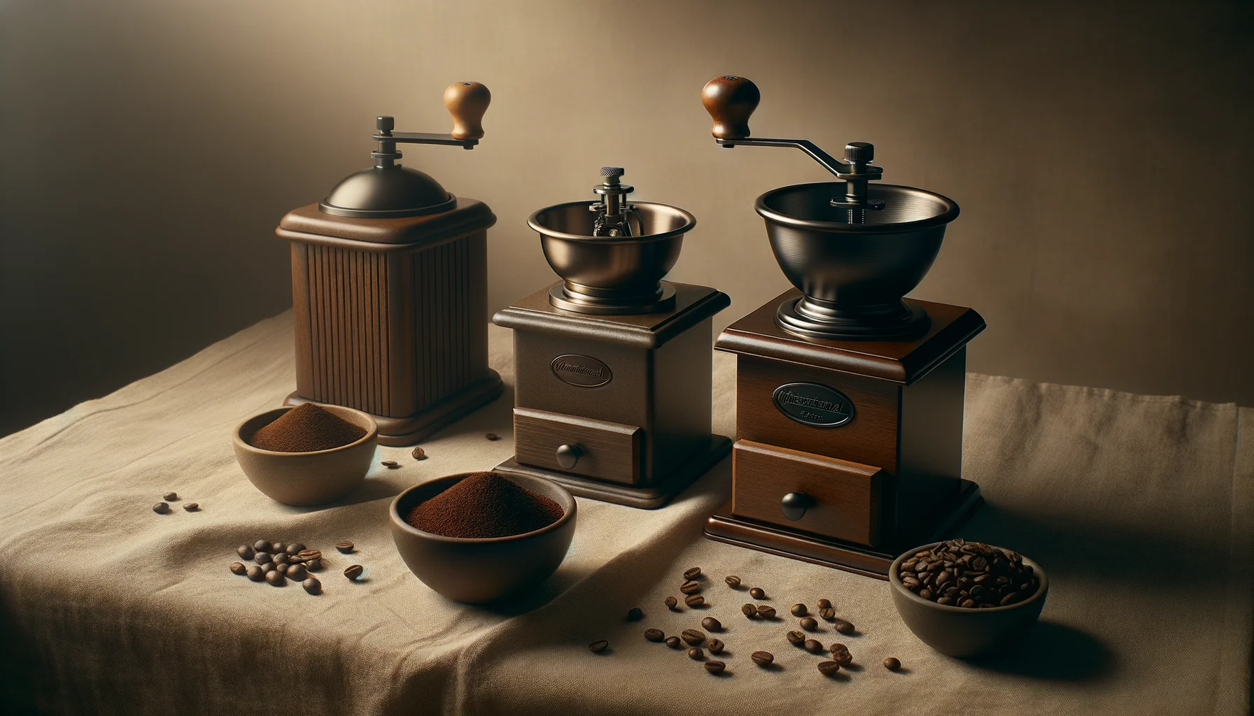 Still life of manual and electric coffee grinders with various grind sizes in ceramic bowls