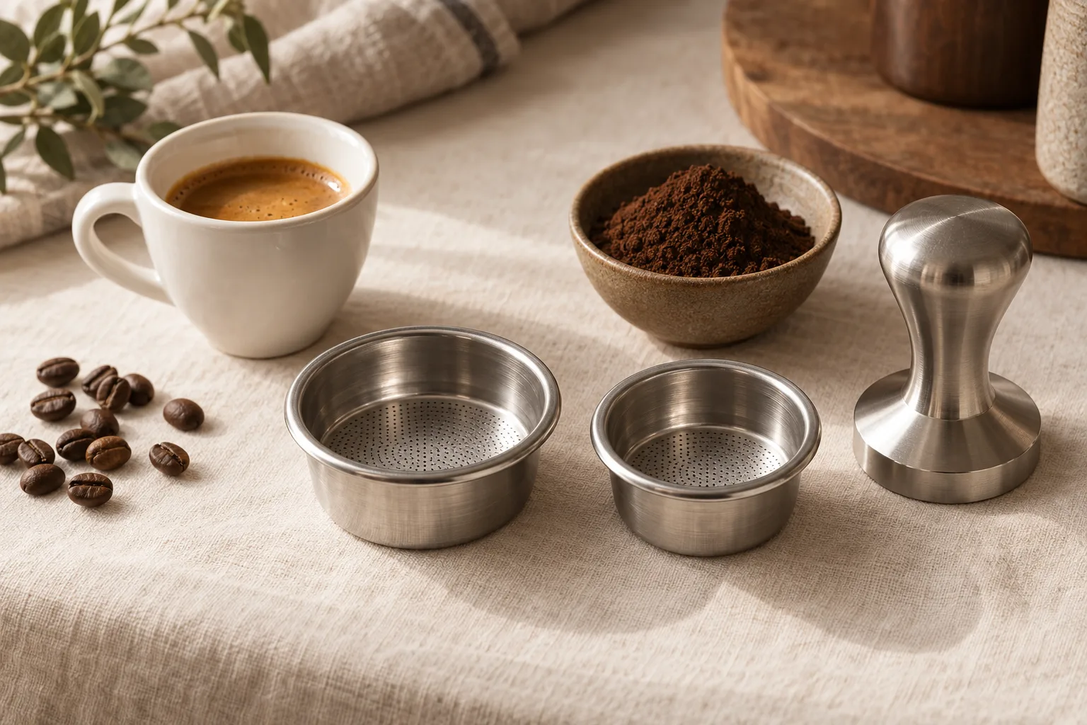 Unbranded espresso basket, tamper, and ceramic cup on a warm linen surface