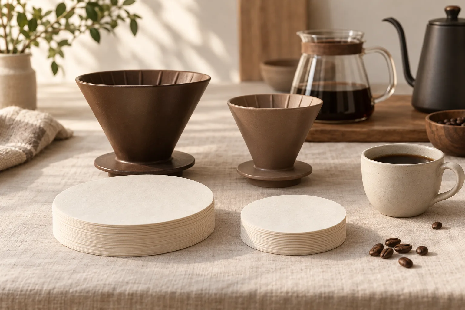 An unmarked ceramic coffee mug beside a bowl of coffee beans on a kitchen counter