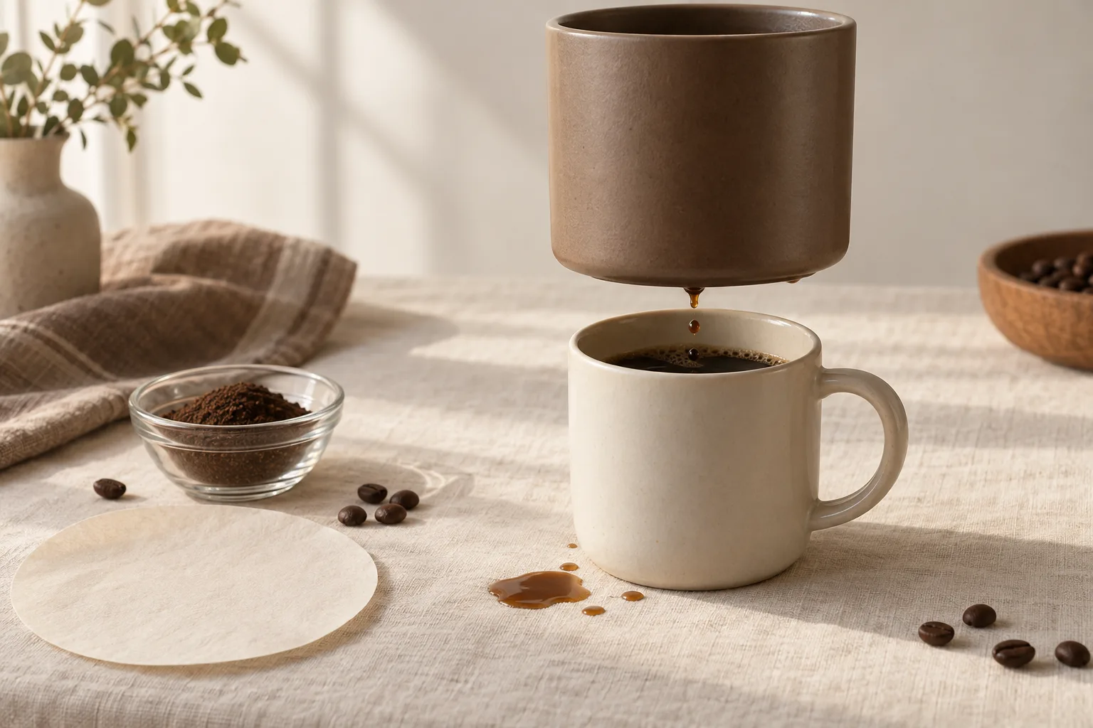 Generic coffee brewing vessel and ceramic mug on a warm linen surface with a few droplets, a paper filter, coffee grounds, and scattered beans.