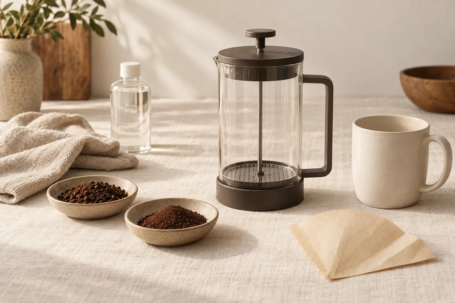Unbranded mug, coffee grounds, paper filters, and a soft cleaning cloth on a kitchen counter
