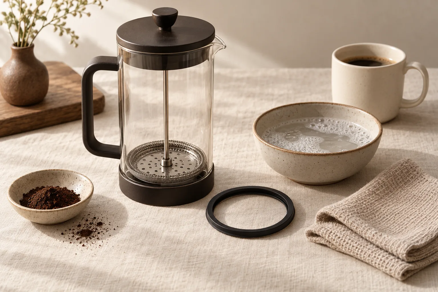 Soft cloth, dish soap, and an unbranded coffee mug beside a kitchen sink
