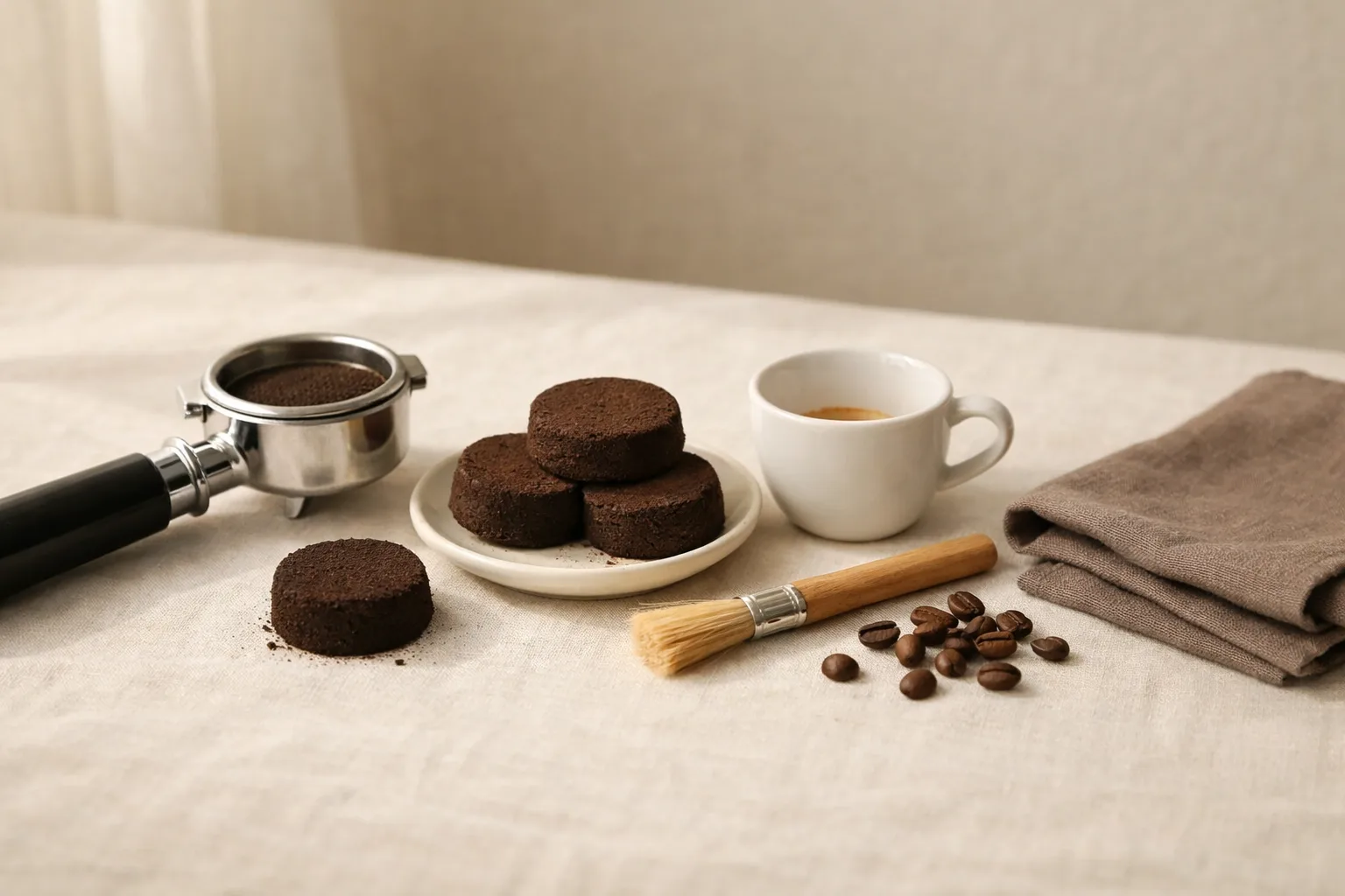 Unbranded espresso cleanup scene with a portafilter, spent coffee pucks, a small brush, and a white cup on a warm linen surface.