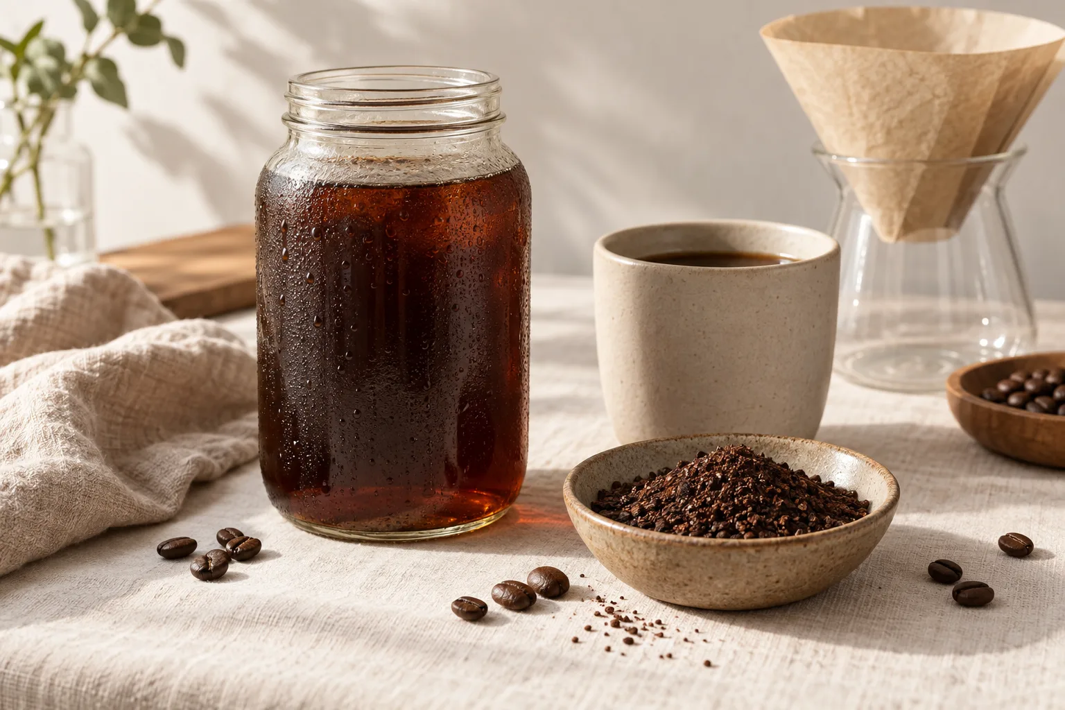 Coarse coffee grounds beside an unmarked glass jar of cold brew on a kitchen counter