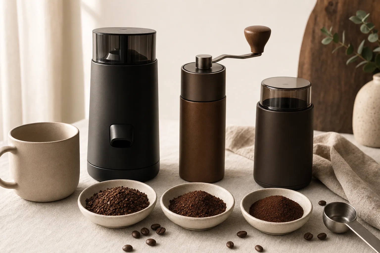 Unbranded coffee grinder and fresh coffee beans on a warm kitchen counter