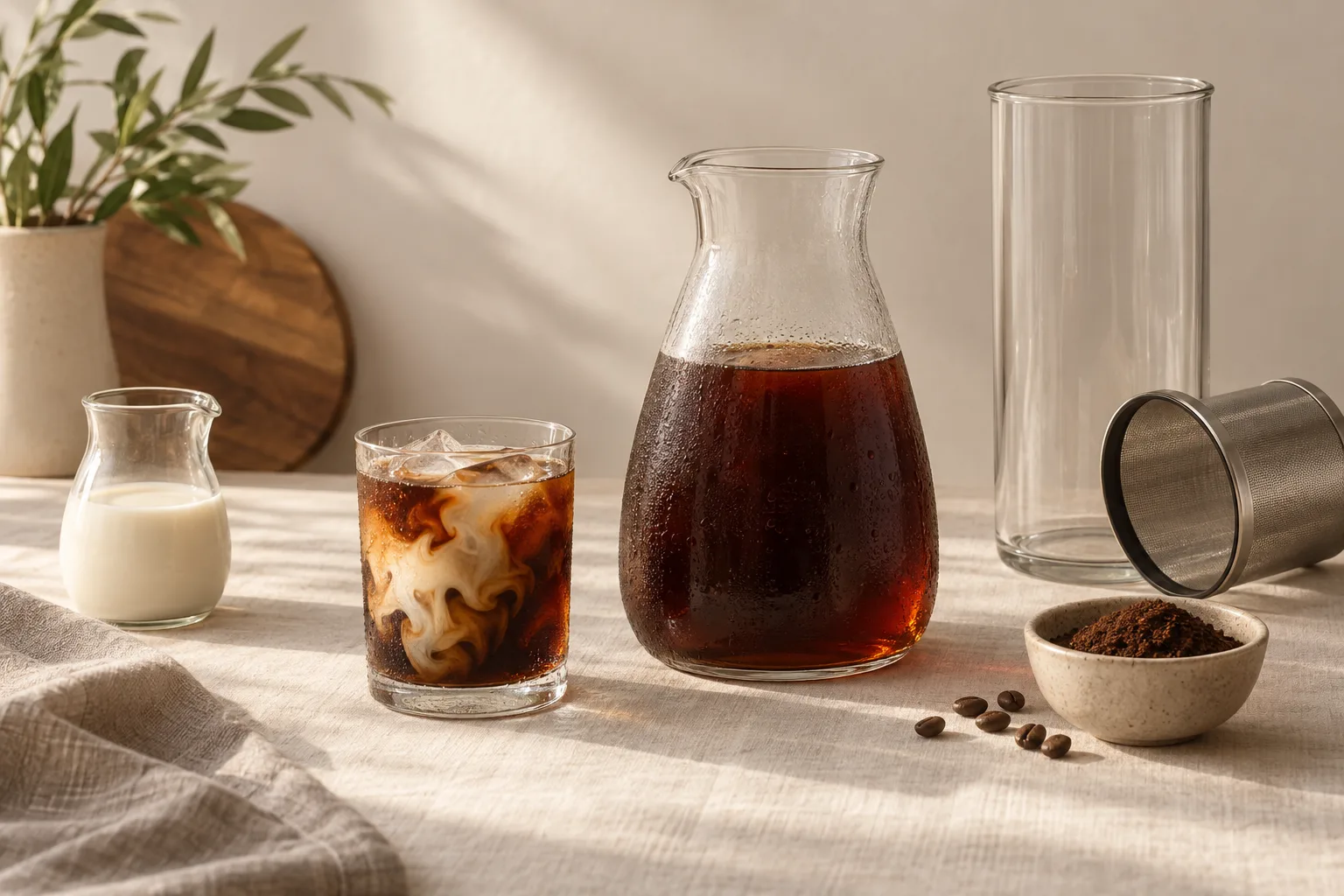 Plain glass of iced coffee beside an unbranded pitcher on a kitchen counter