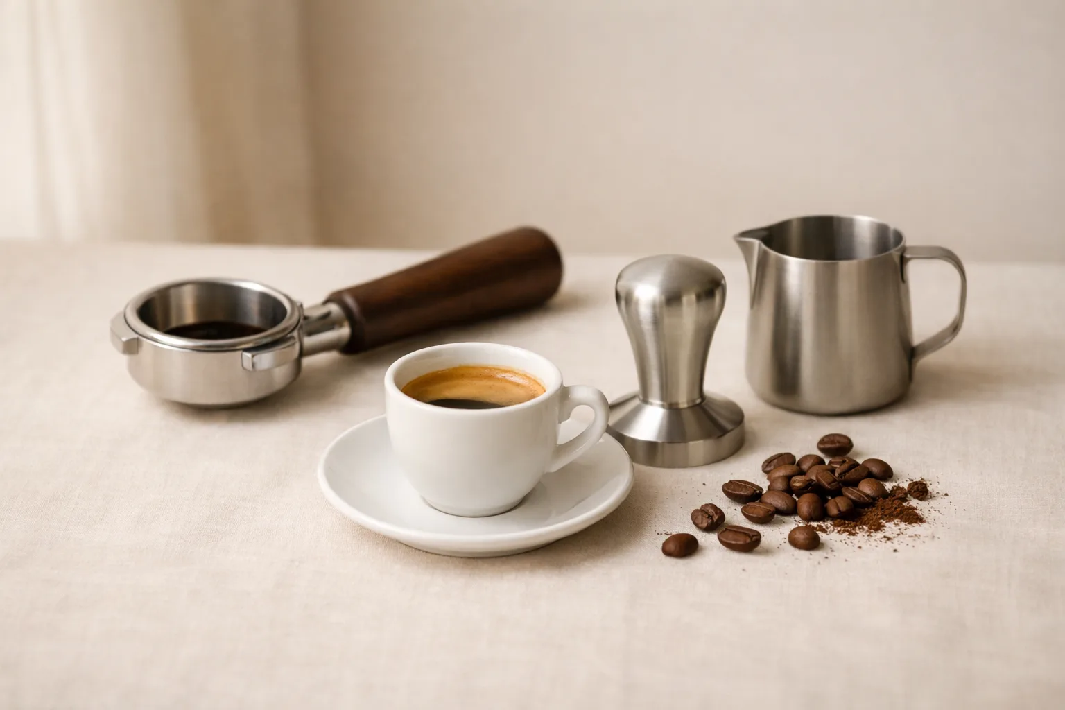 A generic espresso setup with a portafilter, demitasse of espresso, tamper, milk pitcher, and coffee beans on a warm cream linen surface.