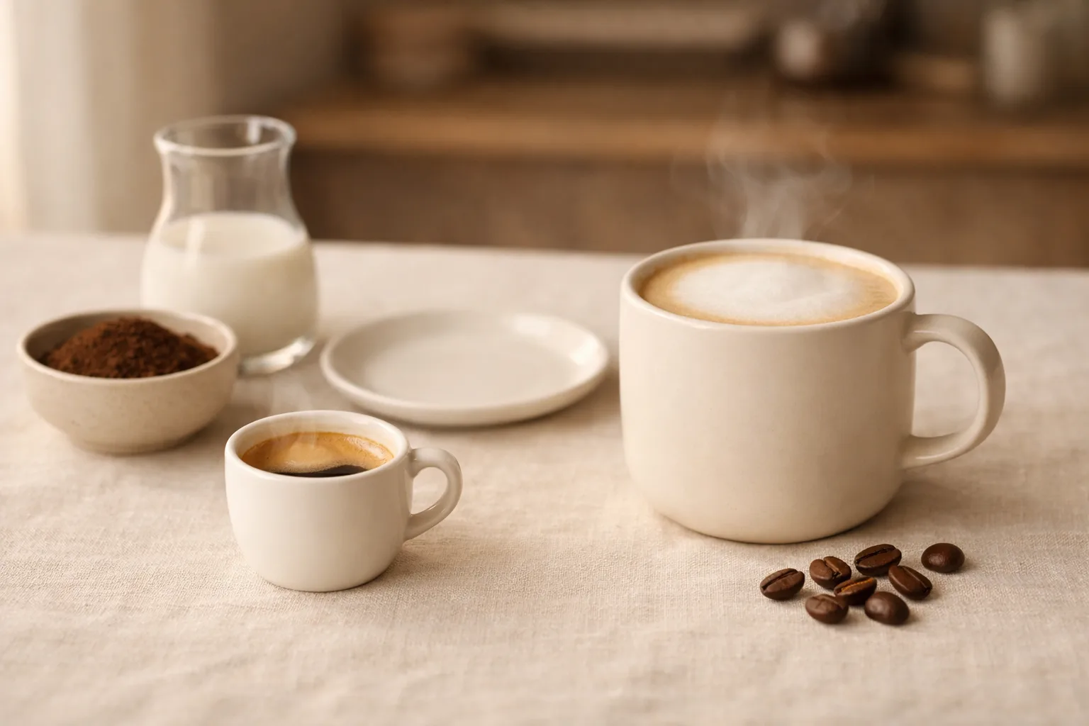 Two unbranded ceramic coffee cups with espresso crema and latte foam beside a clear milk carafe, coffee beans, and grounds on a warm cream linen surface.