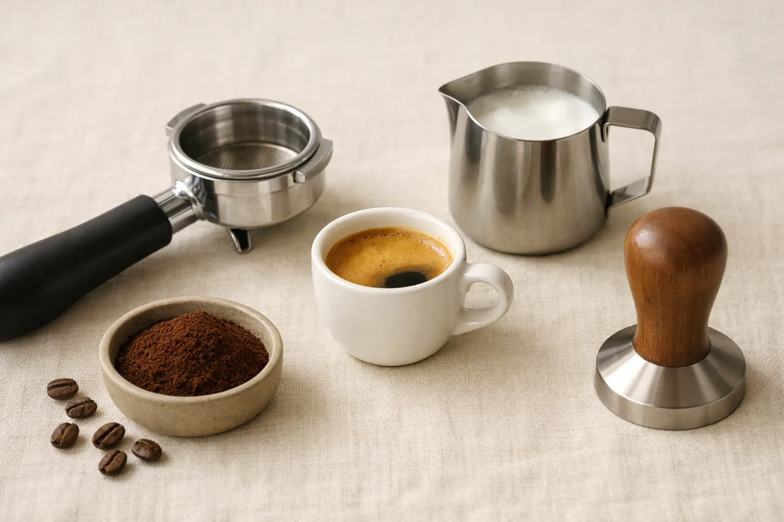 A generic home espresso setup with a portafilter, demitasse of espresso, milk pitcher, tamper, grounds, and coffee beans on a warm cream surface.