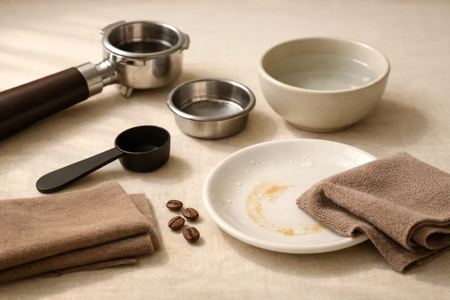 Unbranded espresso maintenance scene with a portafilter, filter basket, rinse bowl, cloth, and coffee beans on a warm cream surface.