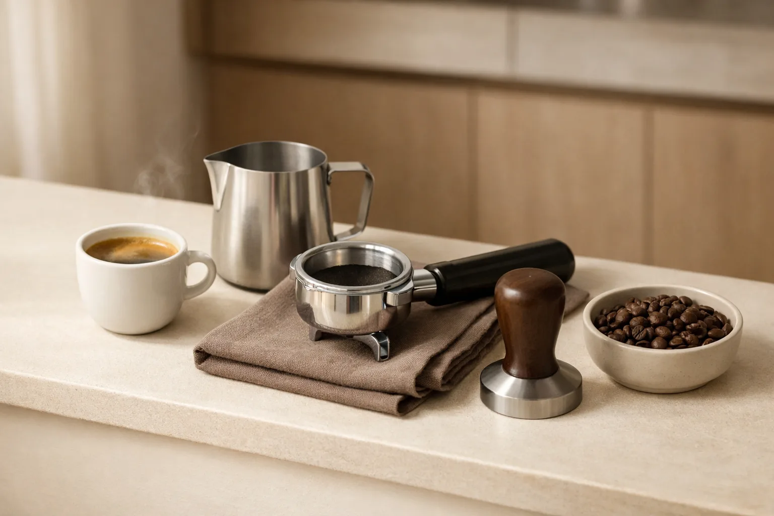 A tidy small-kitchen espresso prep scene with a demitasse cup, milk pitcher, tamper, portafilter, linen towel, and coffee beans on a narrow cream countertop.