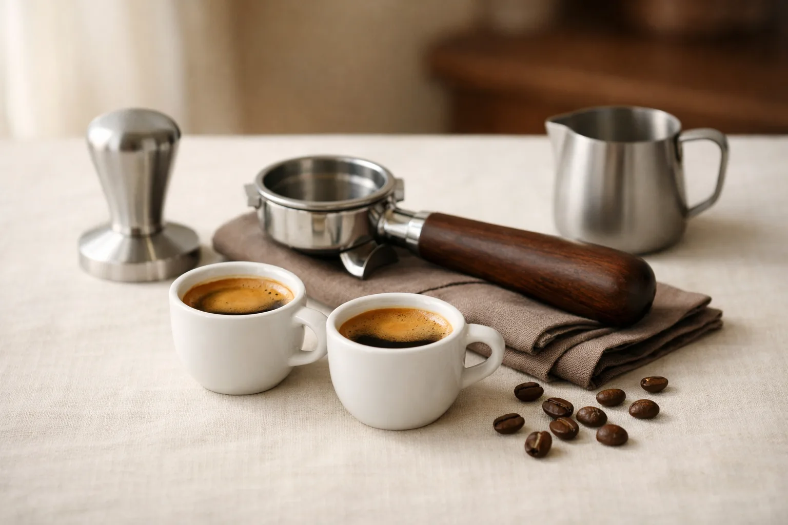Two unbranded espresso cups with crema beside a plain portafilter, tamper, milk pitcher, and scattered coffee beans on a warm linen surface.
