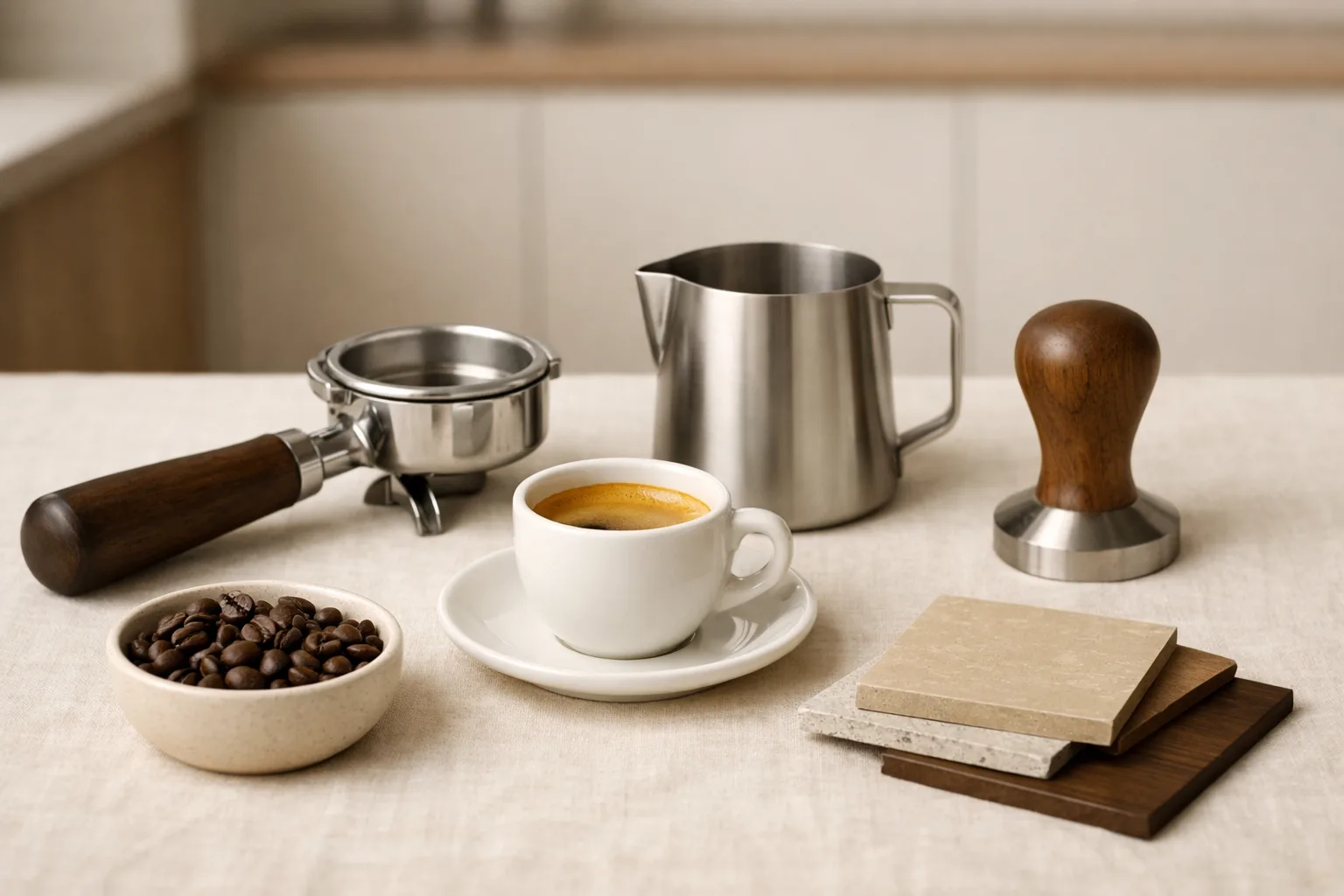 Generic espresso still life with a white demitasse, portafilter, milk pitcher, tamper, coffee beans, and neutral design swatches on a warm kitchen counter.