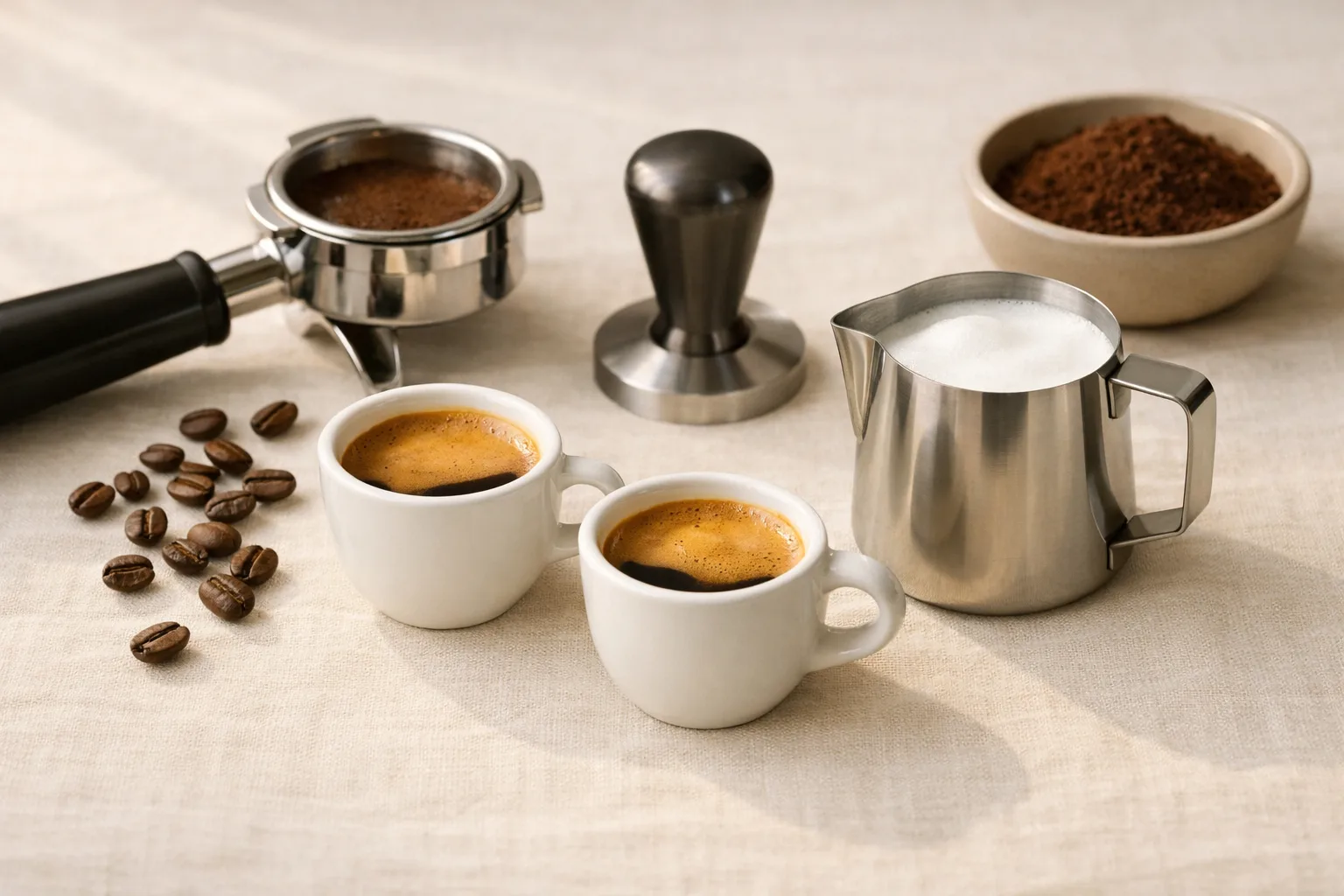 Two plain espresso cups with crema beside an unbranded milk pitcher, portafilter, tamper, beans, and coffee grounds on a warm cream surface.