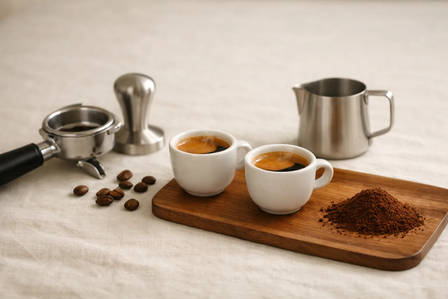 Two plain espresso cups with crema beside an unbranded portafilter, tamper, milk pitcher, beans, and fine coffee grounds on a warm linen surface.