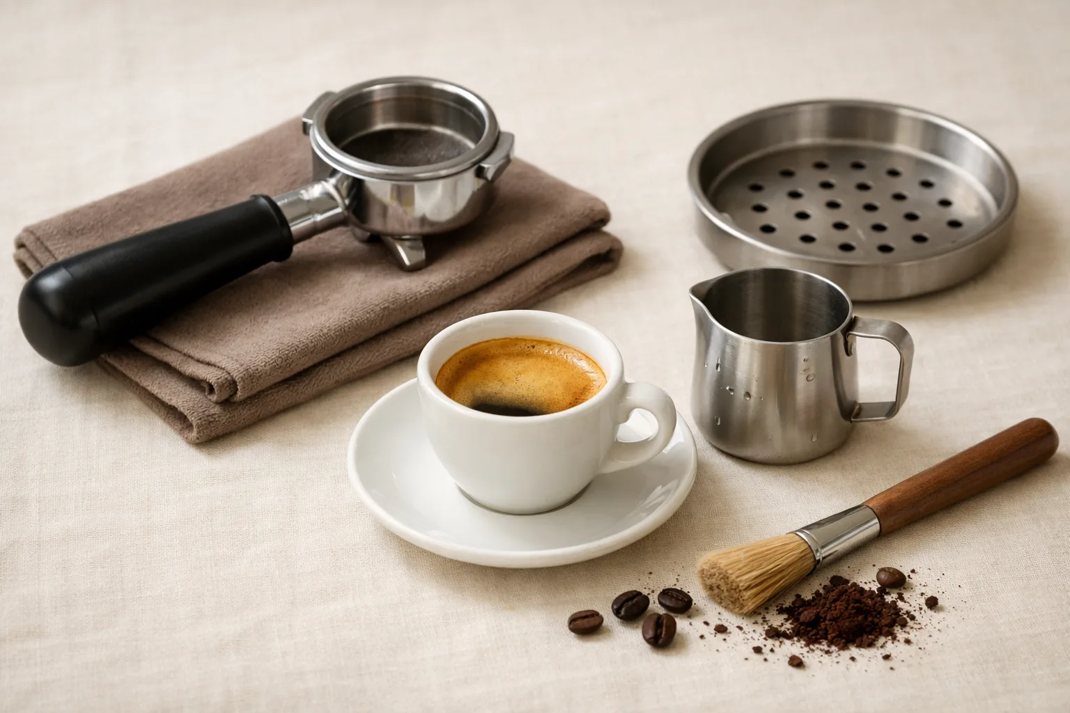 A tidy espresso cleanup scene with a demitasse cup, unmarked portafilter, milk pitcher, brush, cloth, beans, and a shallow tray on a warm cream surface.