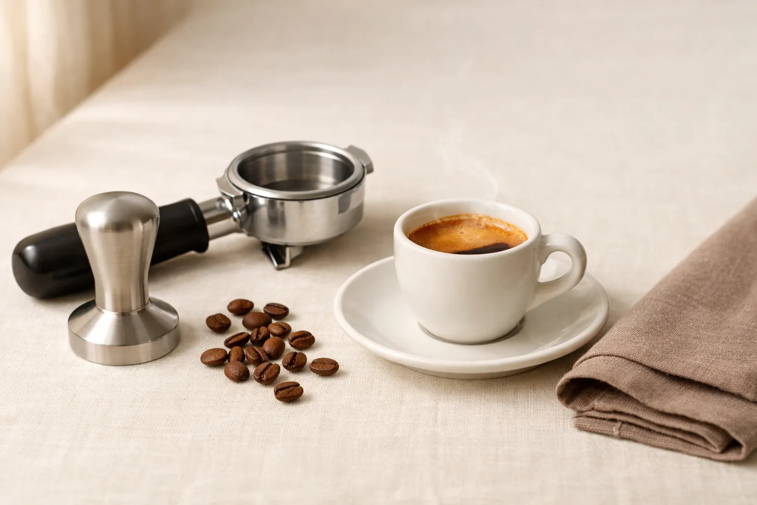 A generic espresso still life with a portafilter, demitasse cup of espresso, tamper, coffee beans, and linen on a warm cream surface.