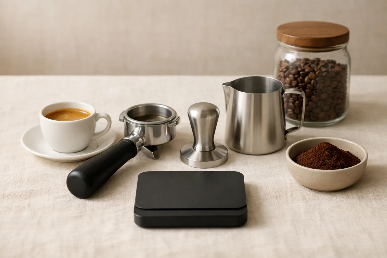 Generic home espresso setup with a demitasse of espresso, portafilter, tamper, milk pitcher, coffee beans, grounds, and a blank scale on a warm cream surface.
