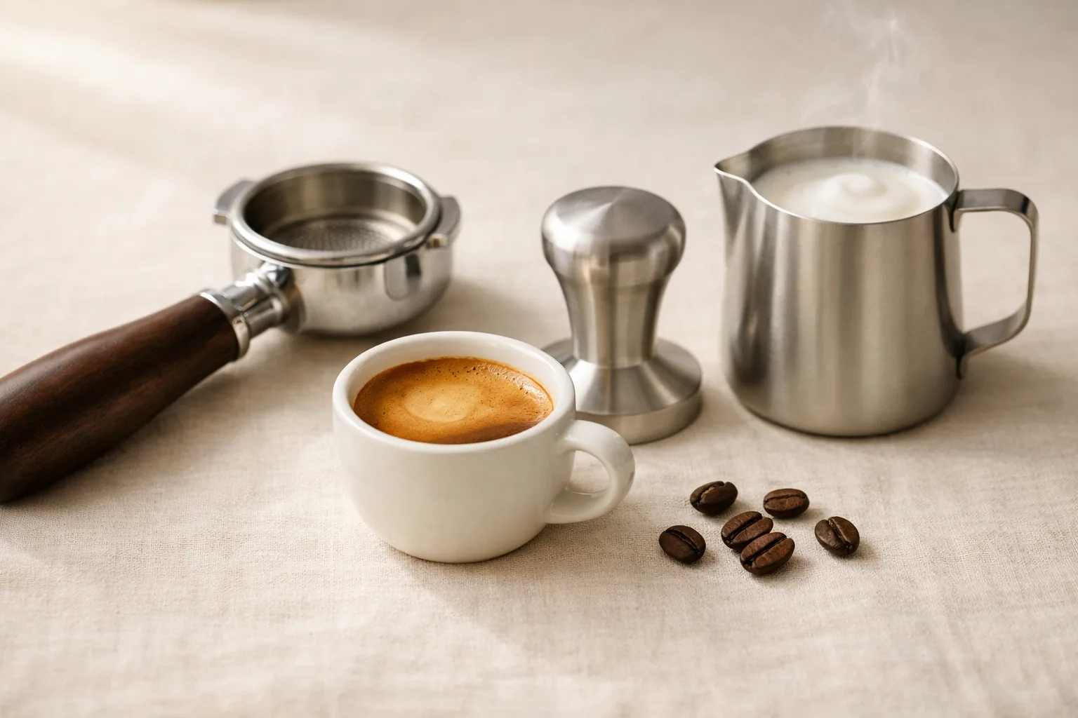 A generic espresso still life with a portafilter, demitasse of espresso, tamper, milk pitcher, and coffee beans on a warm cream surface.