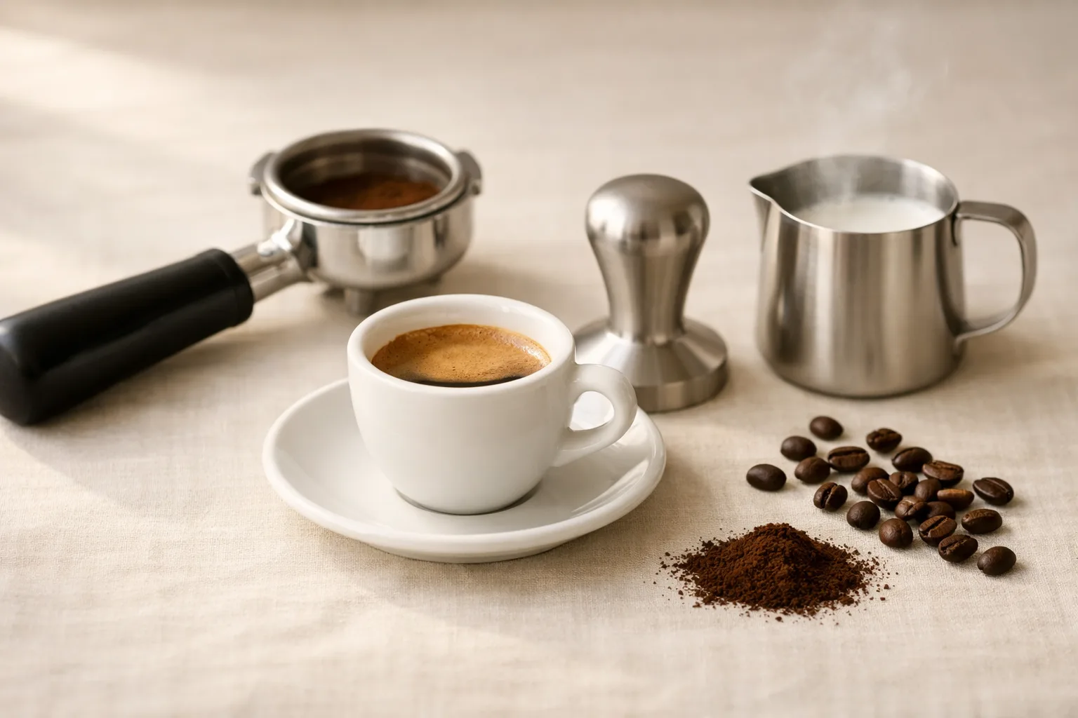Fresh espresso in a plain white cup with an unbranded portafilter, tamper, milk pitcher, beans, and coffee grounds on a warm cream surface.