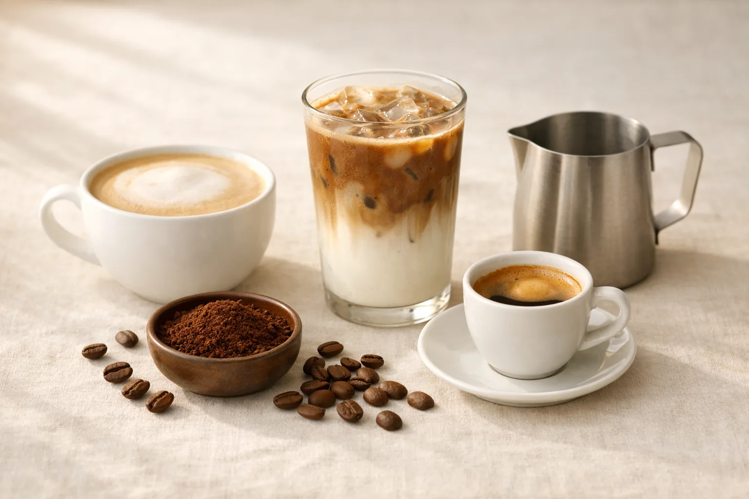 Cafe-style espresso drinks on a warm linen surface, including a latte, iced latte, espresso cup, milk pitcher, coffee beans, and ground coffee.