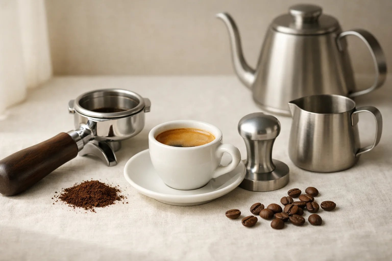 A white espresso cup with crema beside an unbranded stainless portafilter, tamper, kettle, milk pitcher, and scattered coffee beans on a warm linen surface.