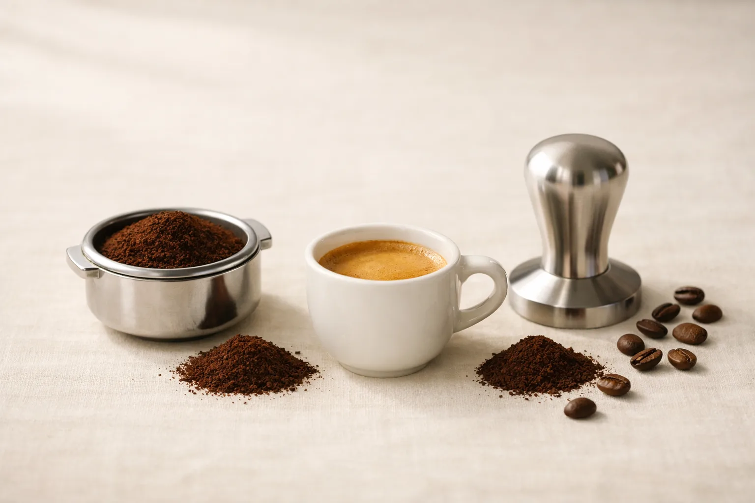 A plain portafilter with fine coffee grounds beside a white espresso cup with crema, a tamper, and scattered coffee beans on cream linen.