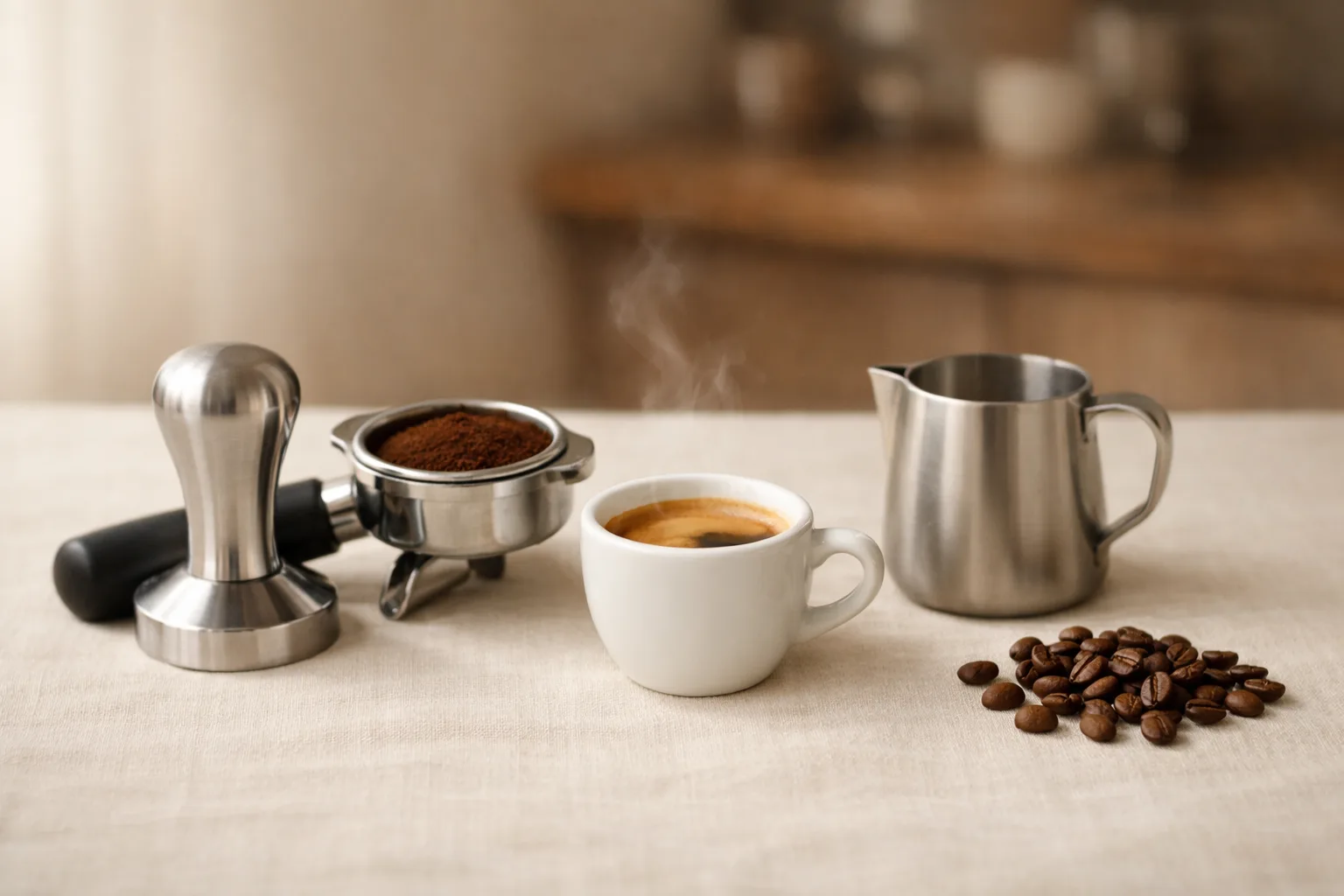 A plain espresso cup with crema beside an unbranded portafilter, tamper, milk pitcher, and scattered coffee beans on a warm linen surface.