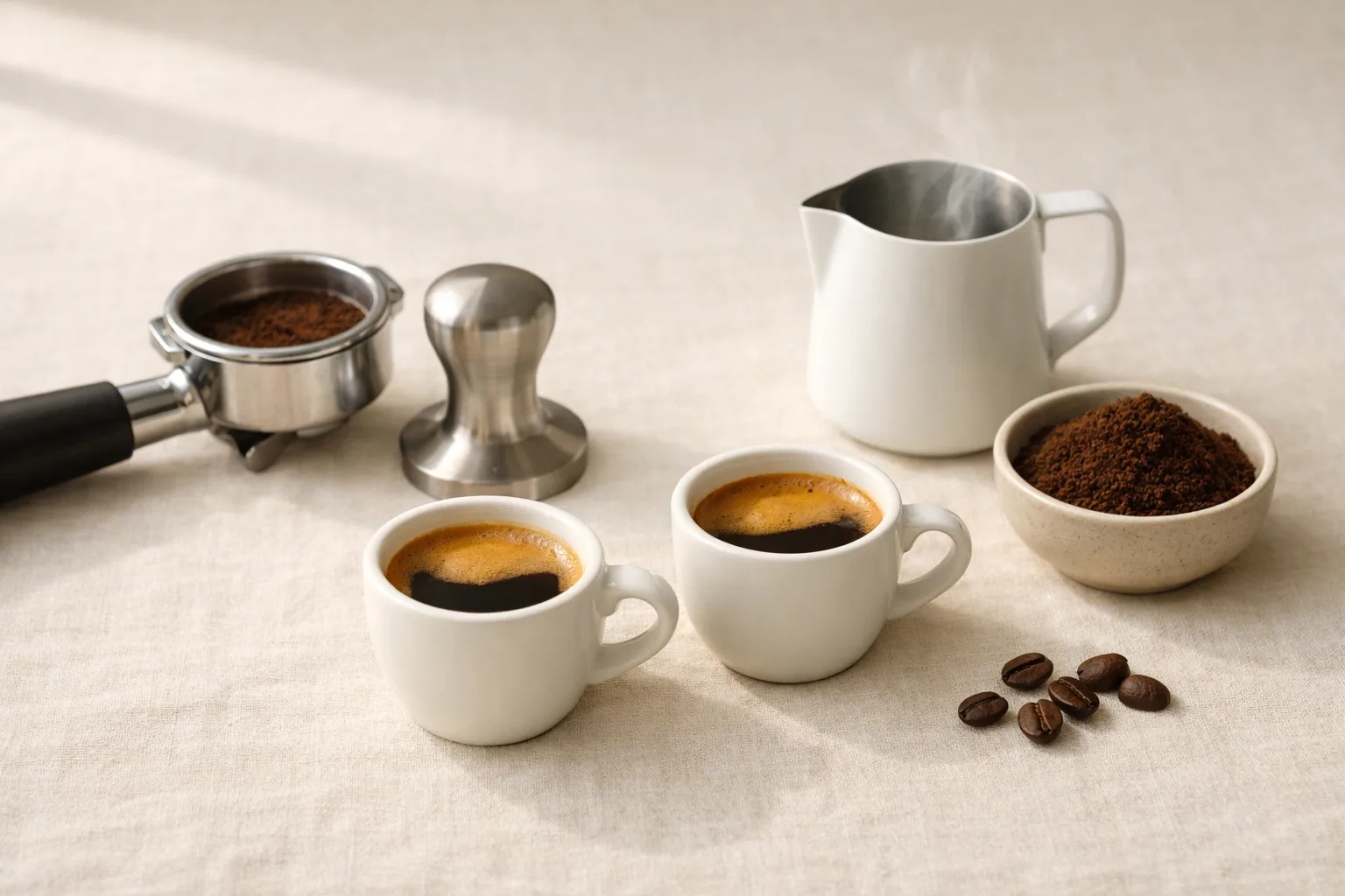 Two plain white espresso cups with crema beside an unbranded portafilter, tamper, milk pitcher, beans, and ground coffee on a warm linen surface.