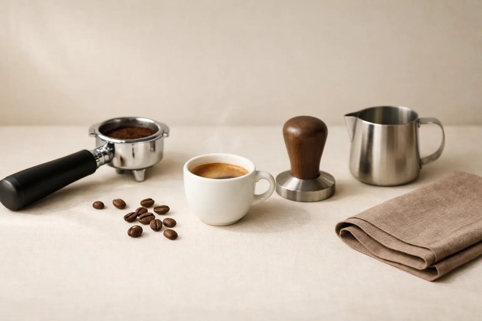 A generic espresso still life with a demitasse cup, portafilter, tamper, milk pitcher, coffee beans, and warm linen.