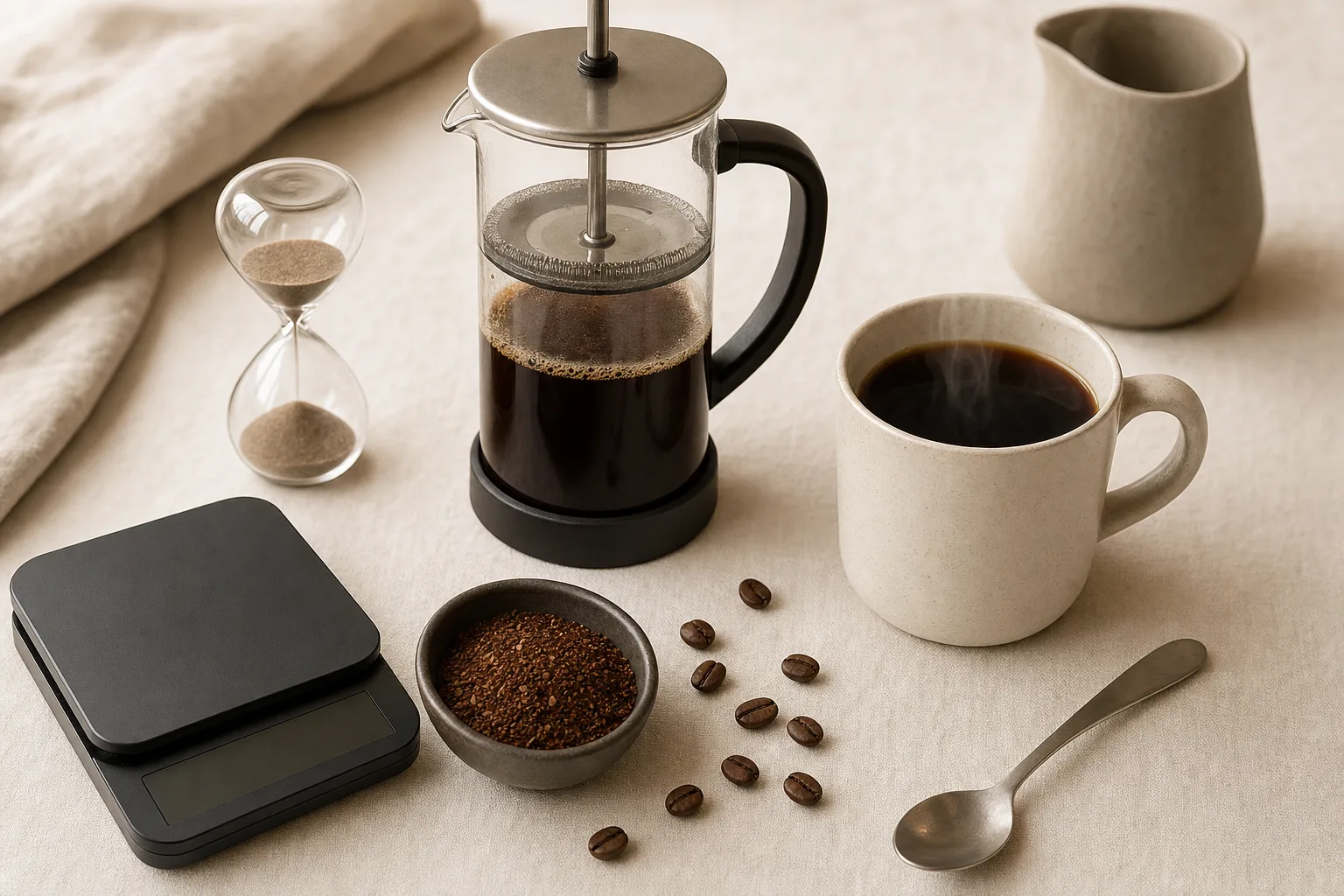 Fresh coffee beside an unbranded glass press and timer on a warm kitchen counter