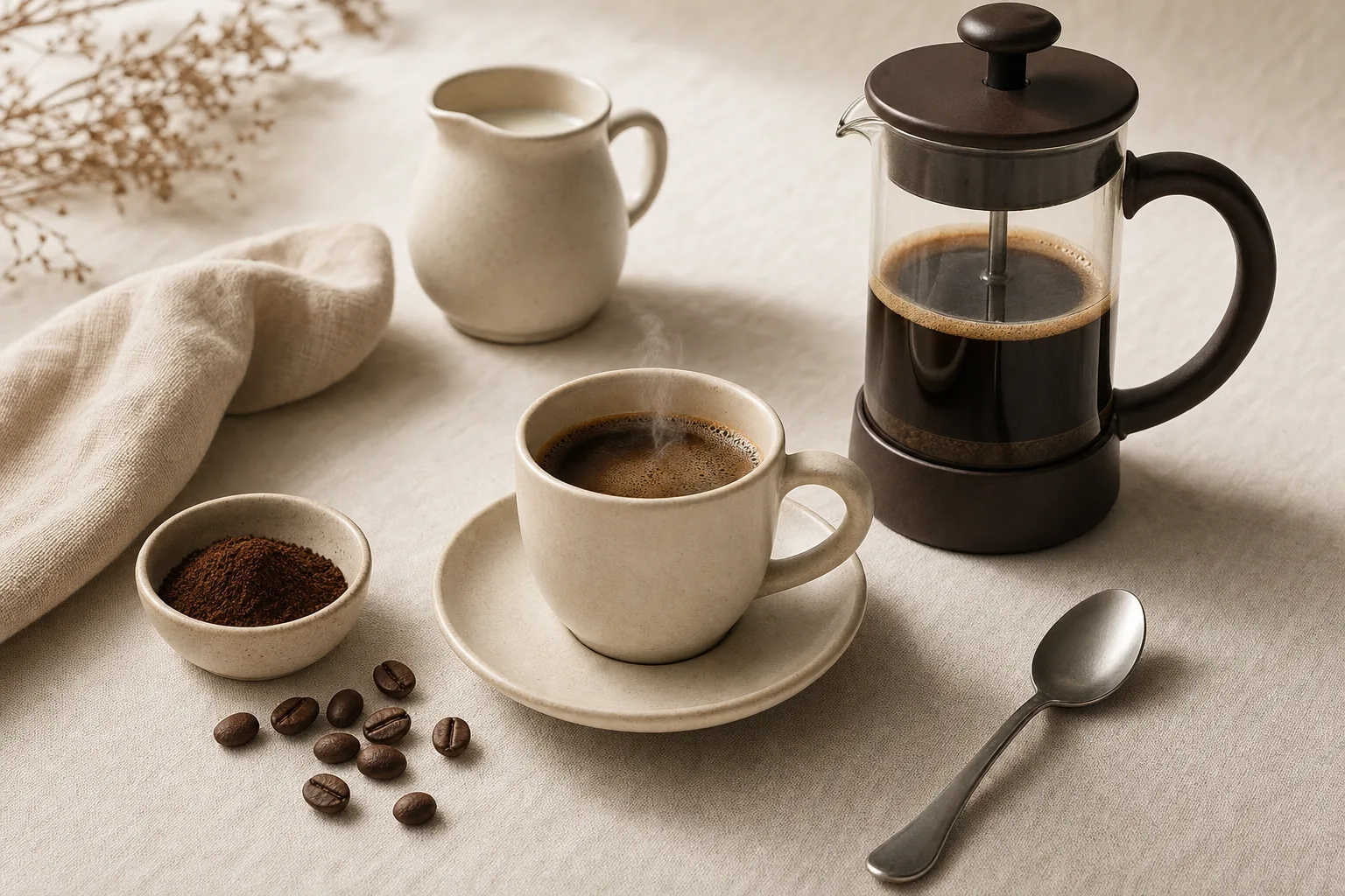 A small cup of dark, concentrated coffee beside an unbranded French press on a warm kitchen counter