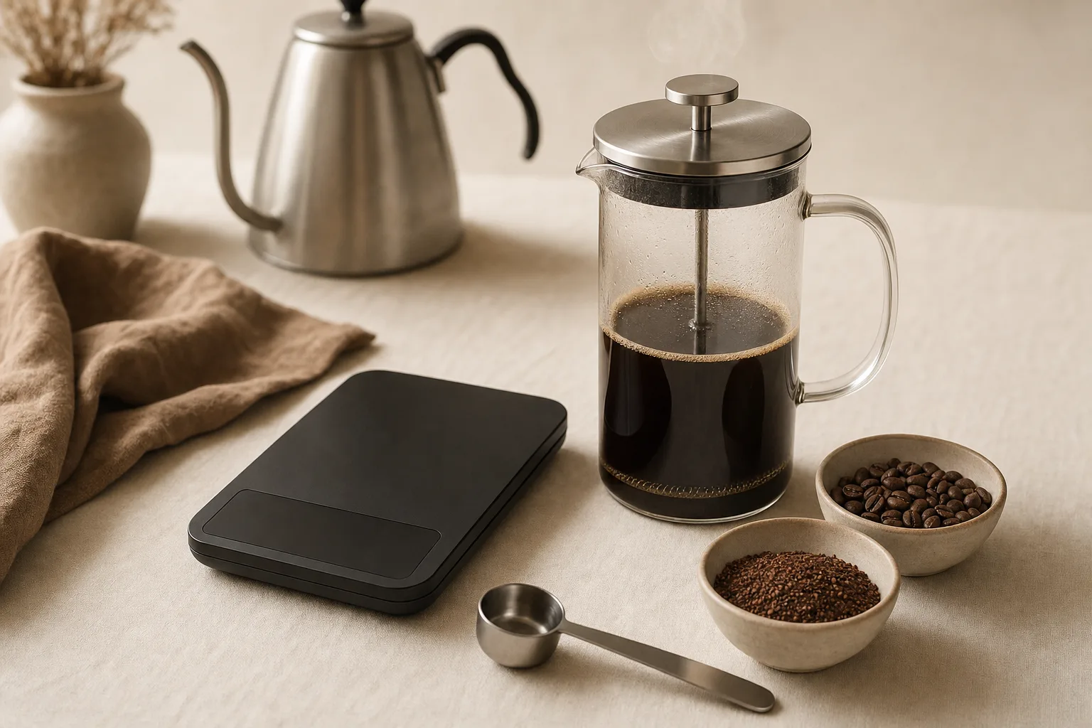 Fresh coffee grounds and a plain glass press beside a kitchen scale on a warm counter
