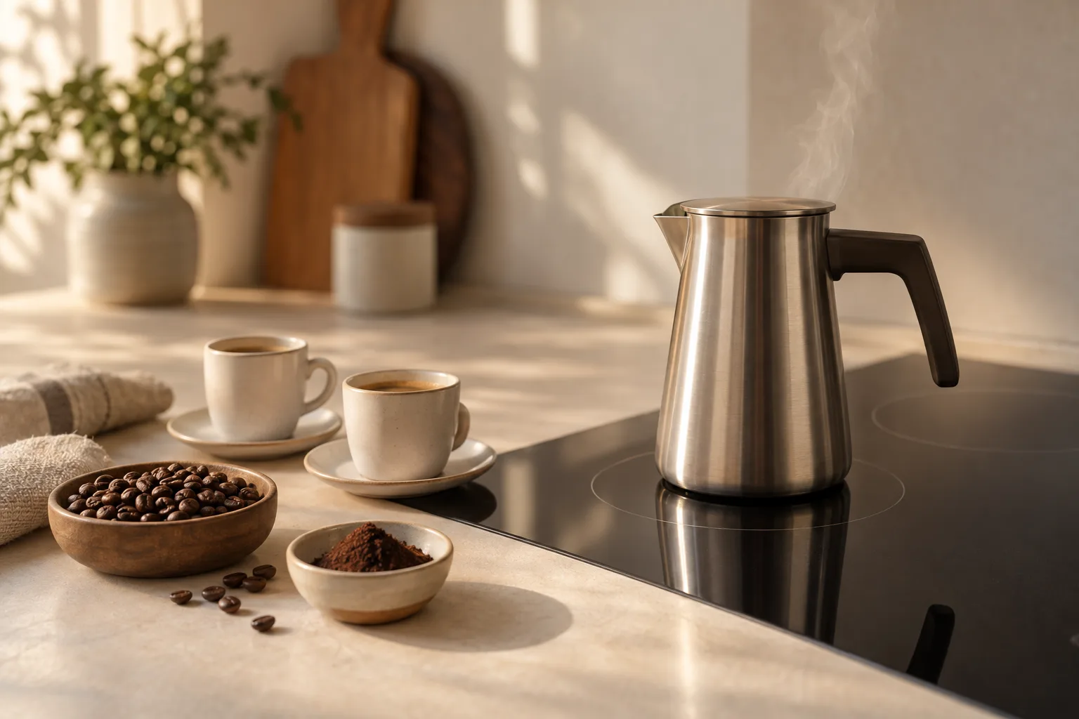 Small unbranded coffee cups and a bowl of beans beside a clean induction cooktop