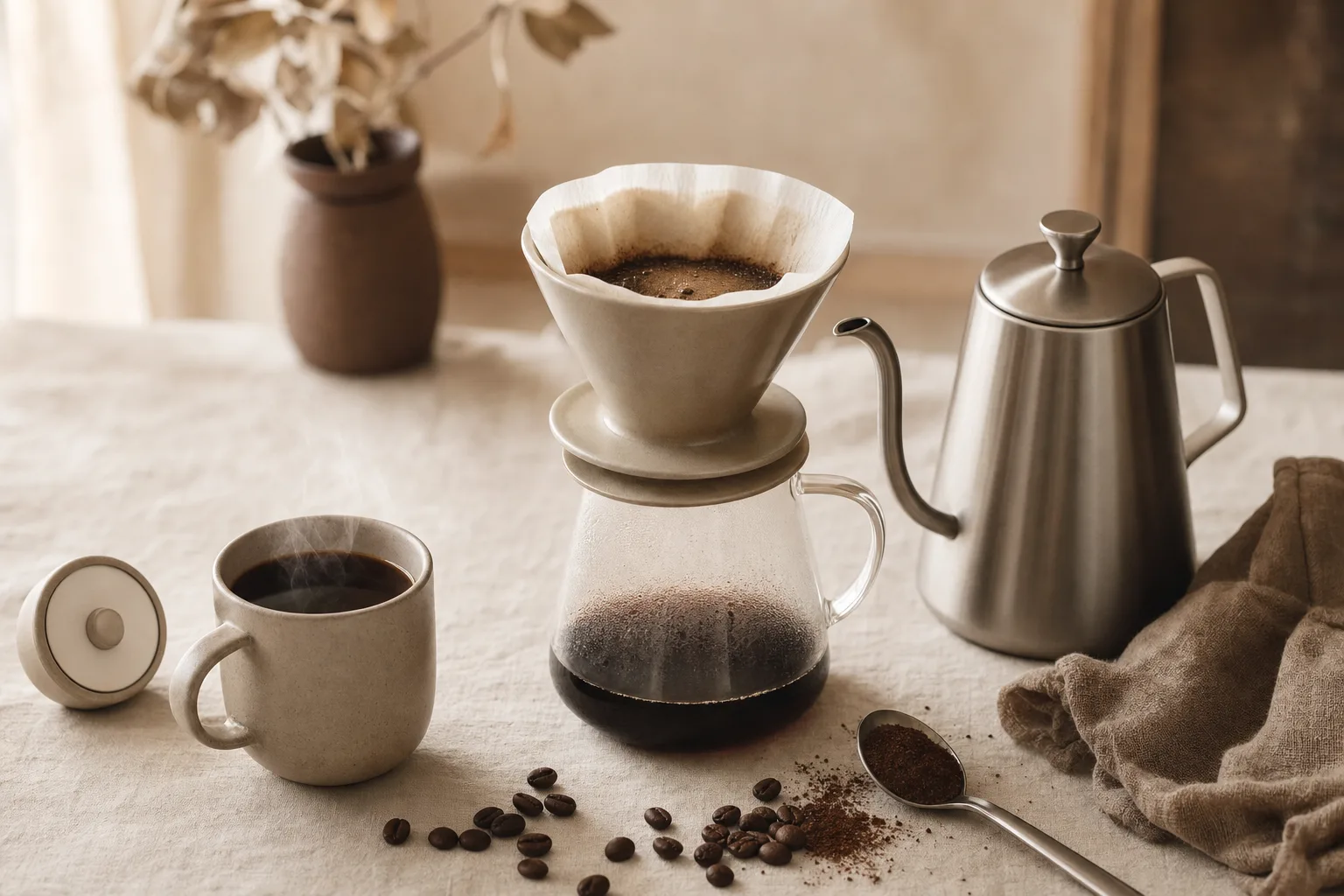 Unbranded pour-over coffee setup on a cream linen surface with a ceramic cone dripper on a glass carafe, a plain kettle nearby, and scattered coffee beans.