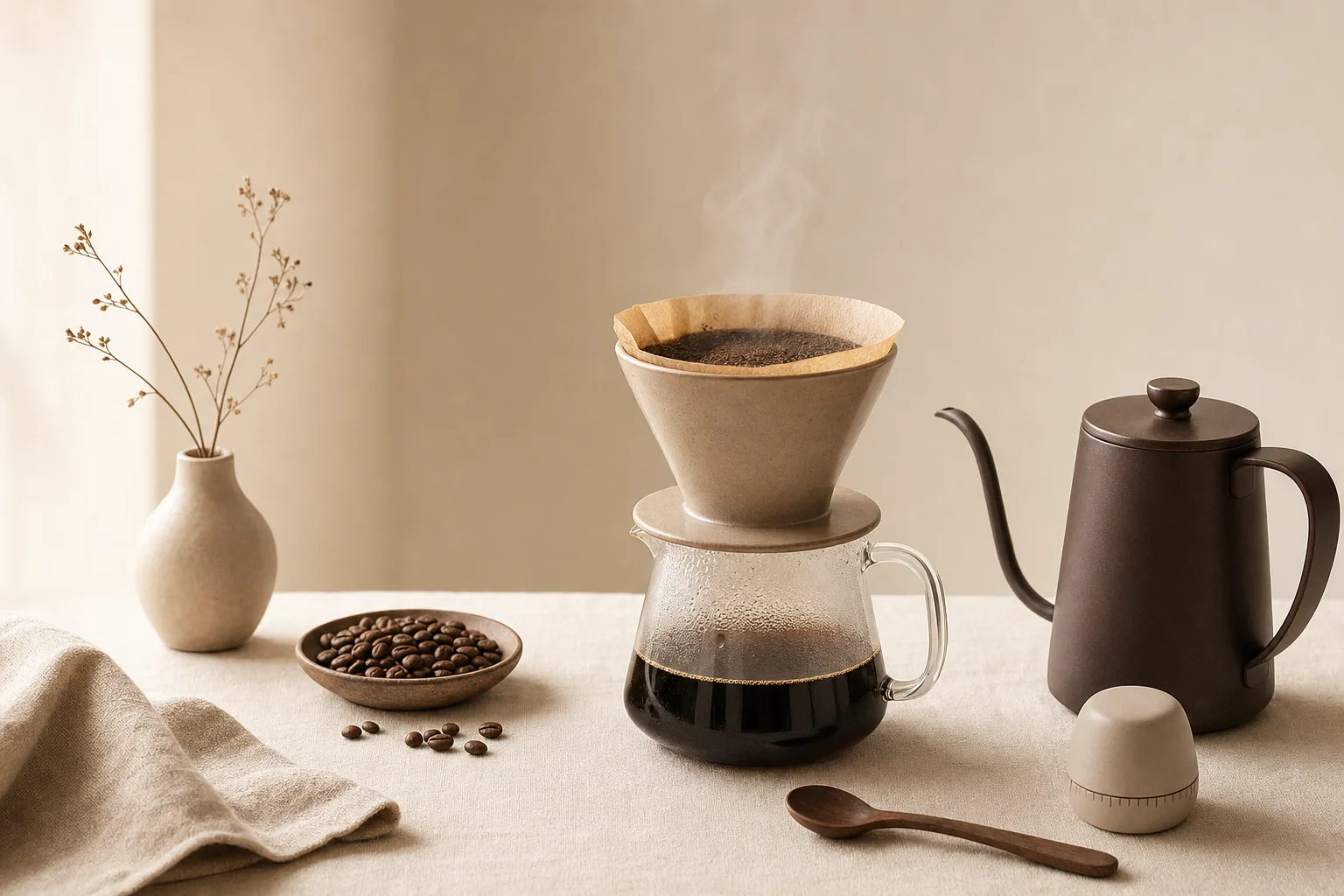 A person slowly pouring water from an unbranded kettle into a cone brewer on a kitchen counter