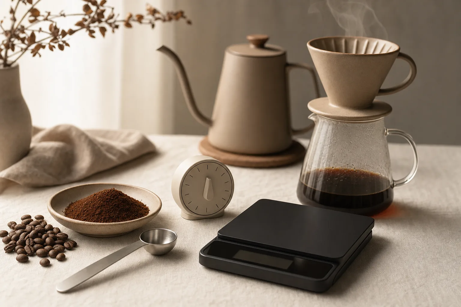 Minimal pour-over coffee setup on a cream linen surface with beans, ground coffee, a spoon, a timer, a blank display scale, and a ceramic dripper over a glass carafe in warm light.