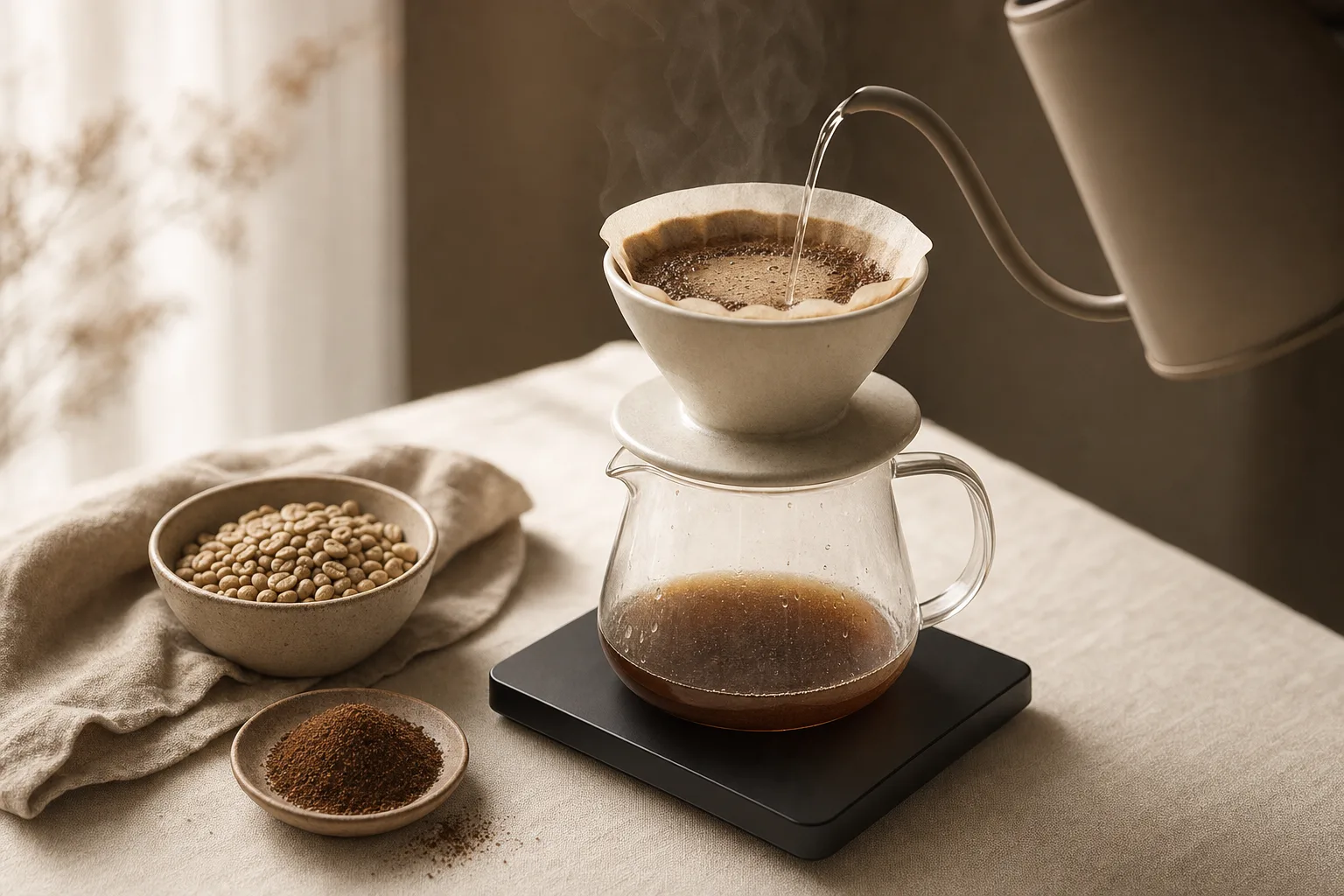 Fresh light-roast pour-over coffee beside a plain ceramic dripper and server