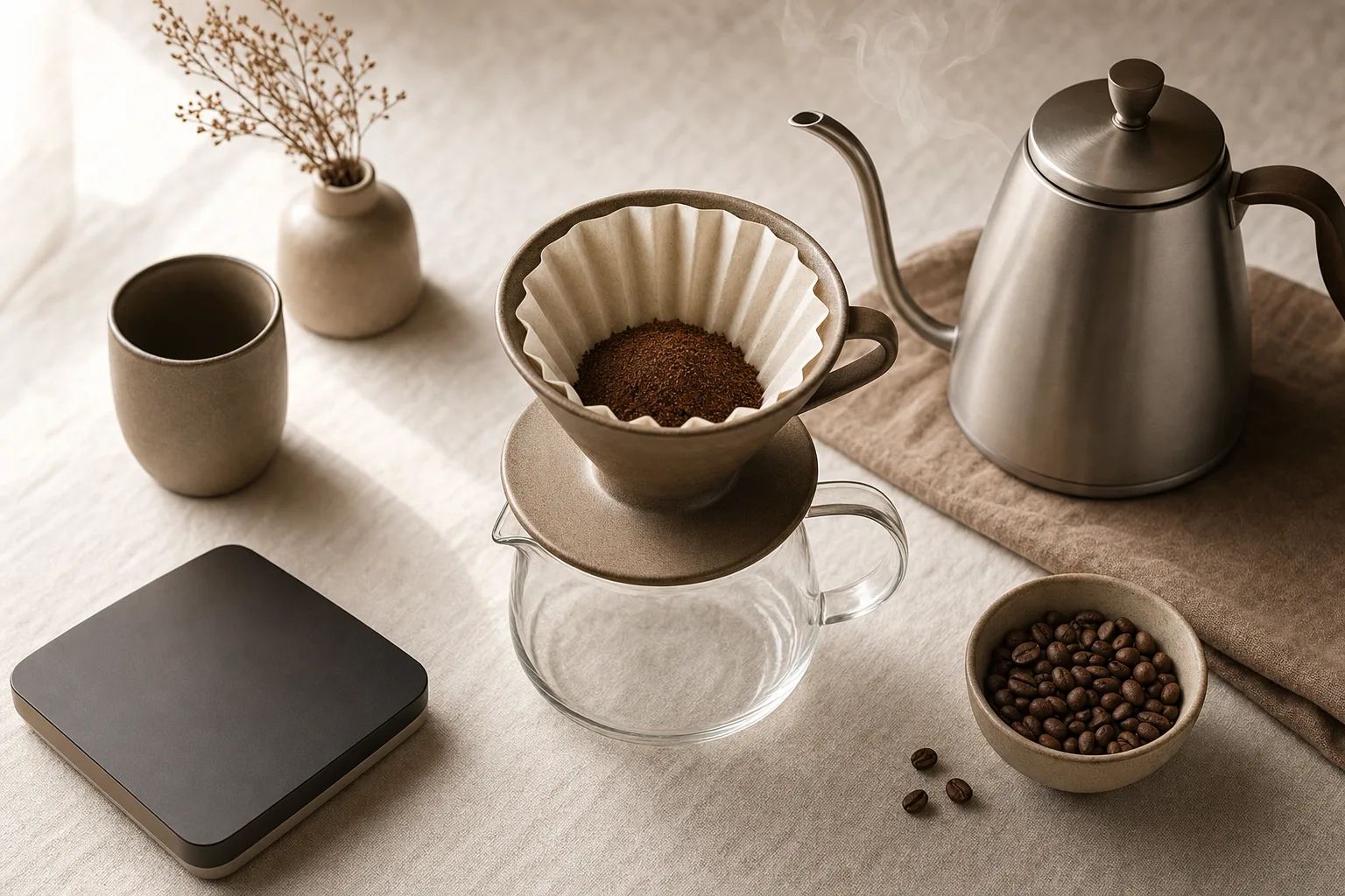 Unbranded pour-over setup with a ceramic cone dripper on a glass server, paper filter and coffee grounds, a gooseneck kettle, and coffee beans on a warm linen surface.