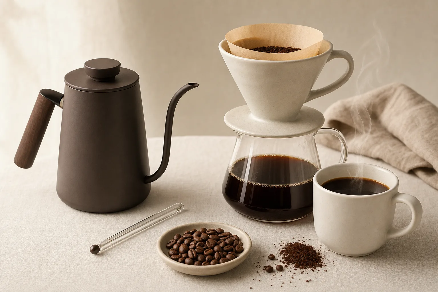 Unbranded pour-over coffee setup with a kettle, thermometer, dripper on a glass server, and a steaming mug on a warm cream linen surface.