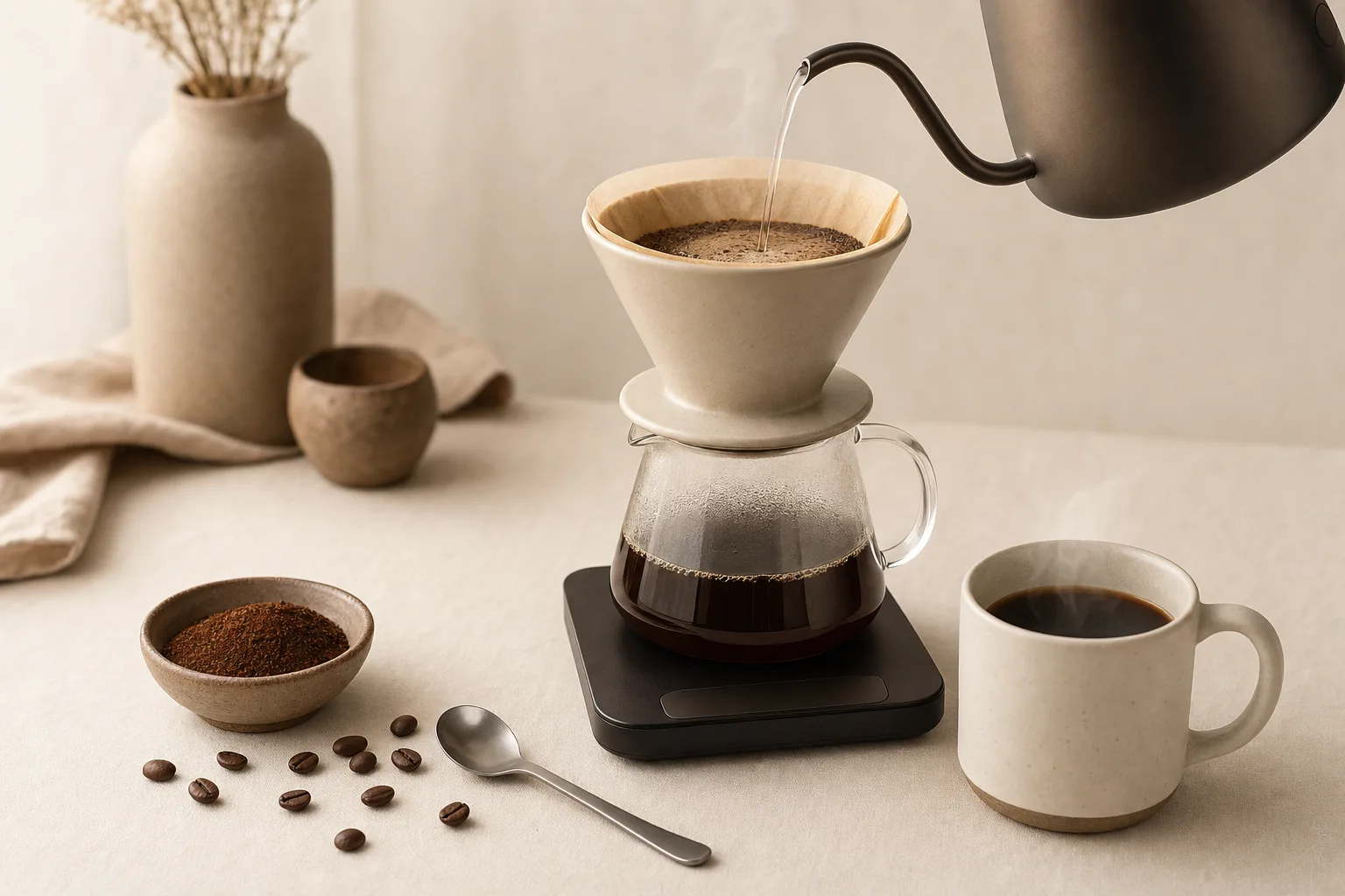 A pour-over dripper, timer, kettle, and coffee cup on a kitchen counter