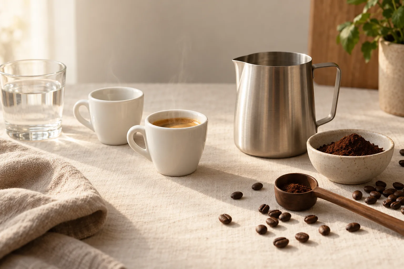 White espresso cup, unbranded stainless milk pitcher, and coffee beans on a warm kitchen counter