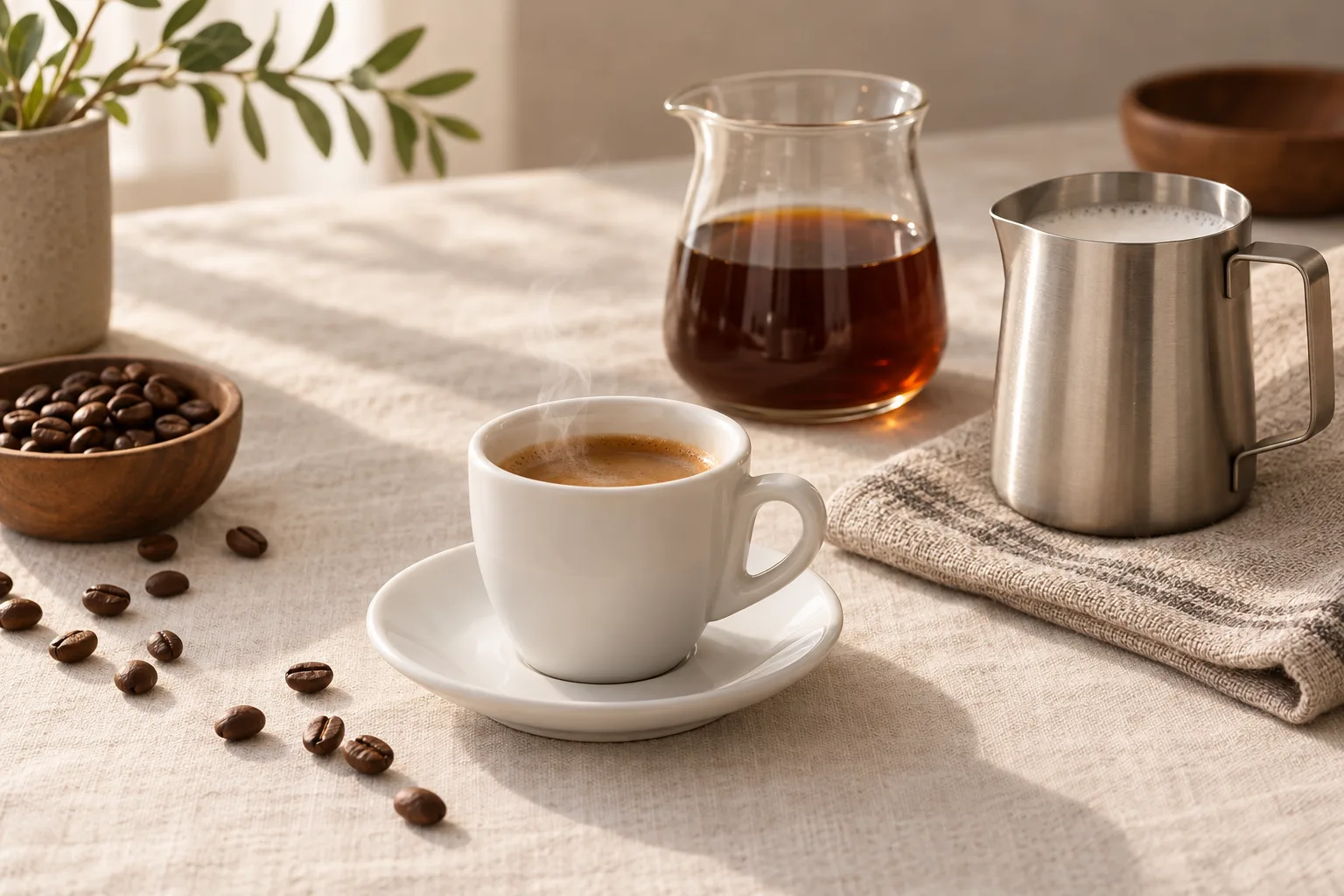 Plain espresso cup beside an unbranded milk pitcher and folded kitchen cloth