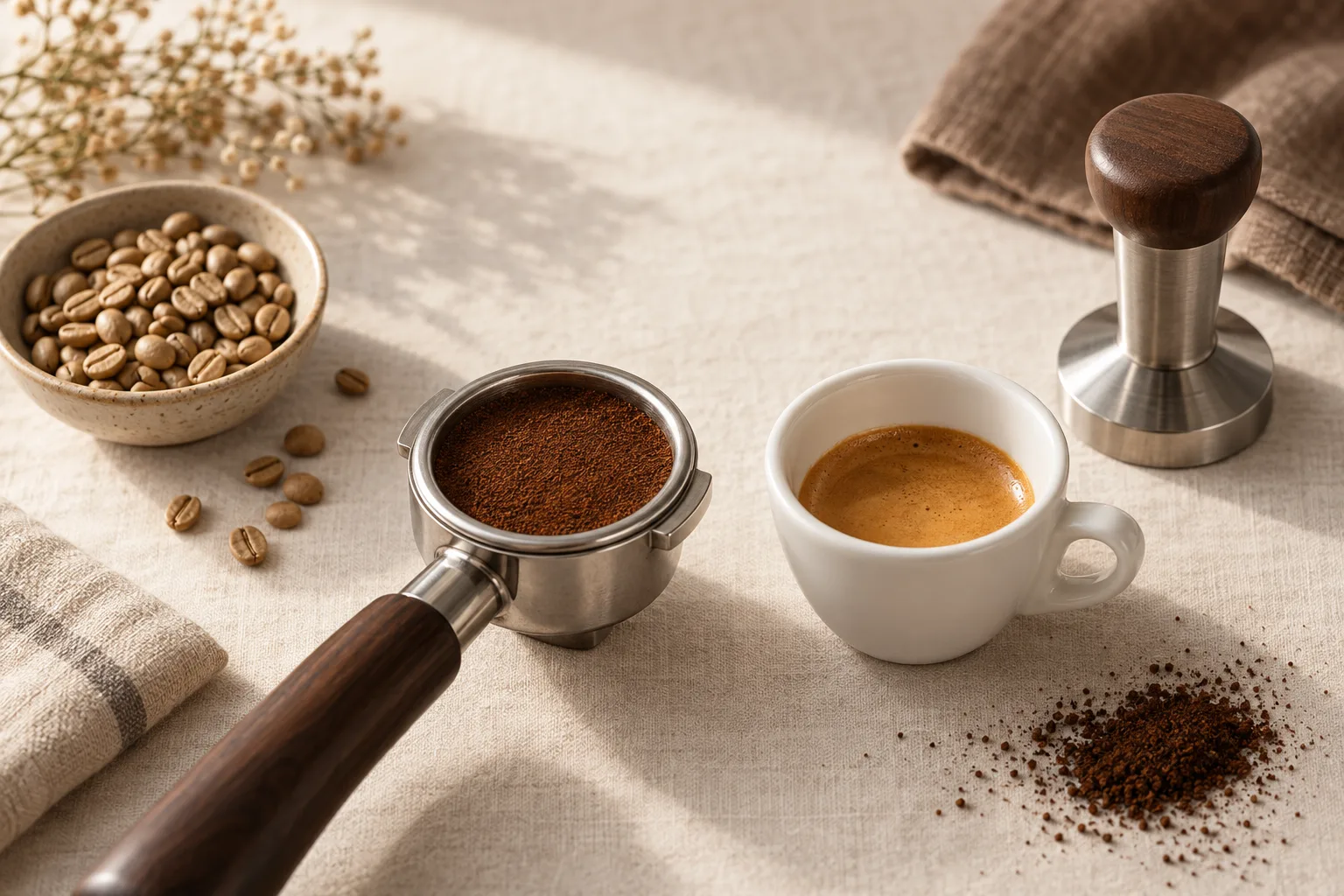 Plain espresso cups beside an unbranded tamper, portafilter and scattered coffee beans on a cream countertop