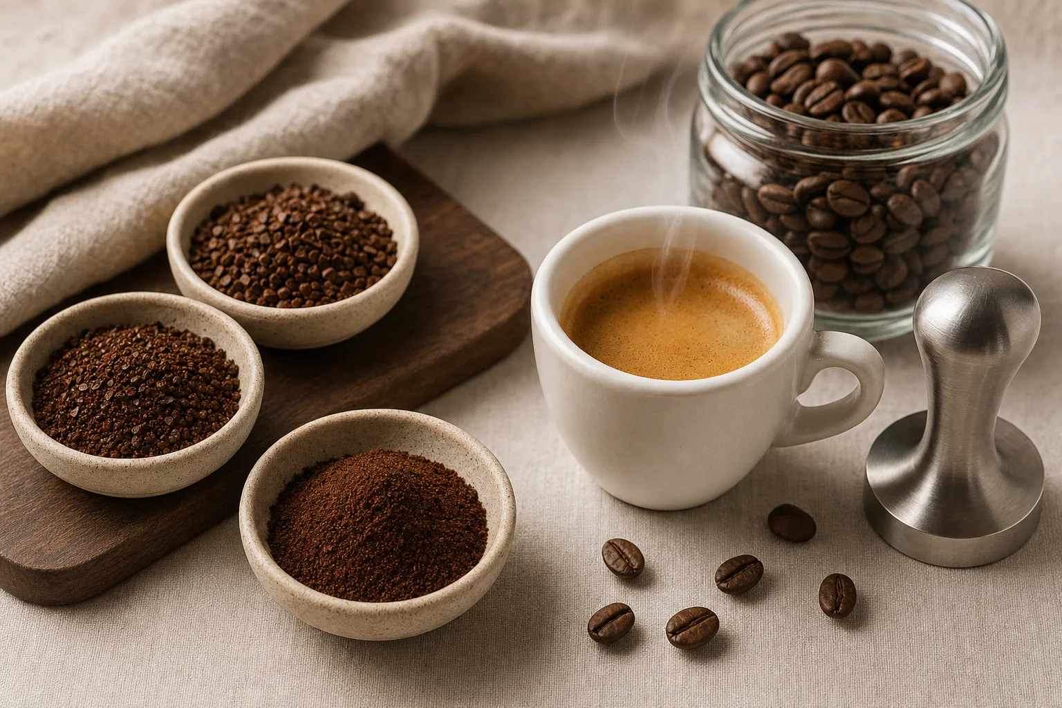 Fresh coffee beans beside a small cup of espresso on a warm kitchen counter