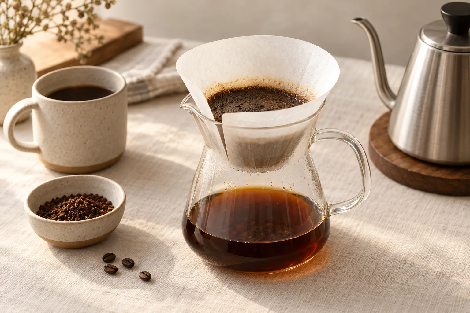 Generic glass pour-over carafe with a paper filter, coffee grounds, beans, mug, and kettle arranged on a warm linen surface, with the filter edge visibly clear of the spout.