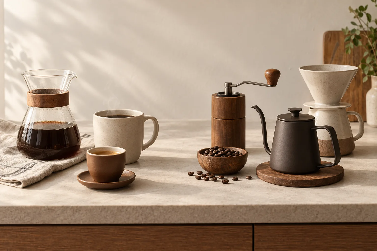 A plain glass coffee carafe, ceramic mug, espresso cup, milk pitcher, and bowl of beans on a kitchen counter.