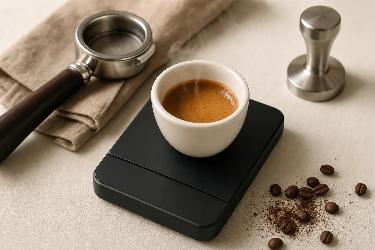 A fresh espresso shot being weighed in a plain cup on a small kitchen scale