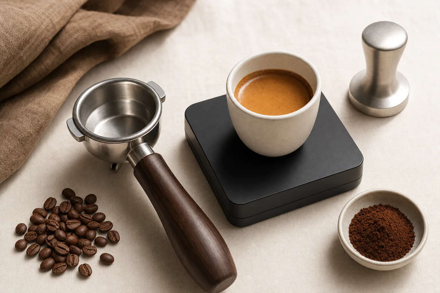 Unbranded espresso setup with a portafilter, small cup, and coffee scale on a warm kitchen counter